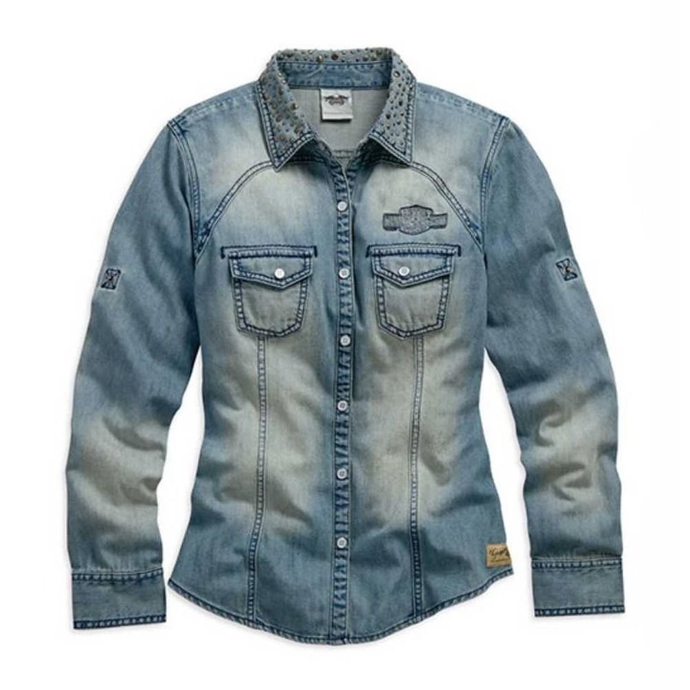 Harley Davidson Genuine Studded Short Long Sleeve Denim Shirt Blue Biker Moto S